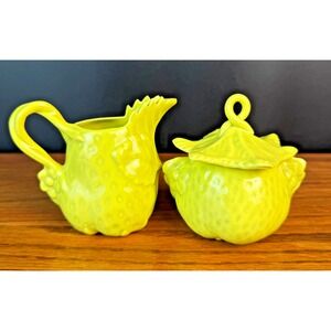 Vintage MCM Strawberry Creamer Sugar Set Yellow Ceramic 1950s Rare #170-B Spring
